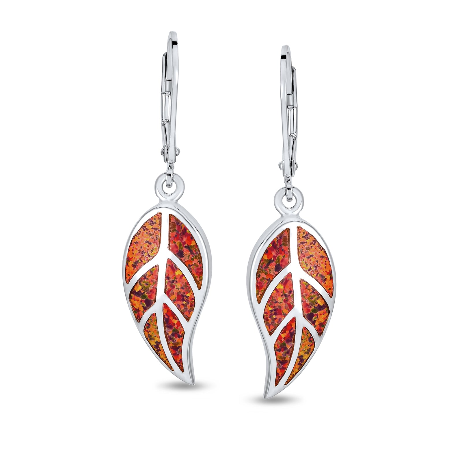 red-orange-dangle-earring-leaf_xny-ed752_1 Native American Inspired Dangle Gemstone Earrings with Opal Inlay - Image 1