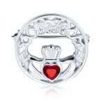 Celtic Round Circle Red Heart Shaped Claddagh Brooch Pin CZ .925 Sterling Silver