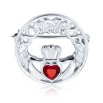 Celtic Round Circle Red Heart Shaped Claddagh Brooch Pin CZ .925 Sterling Silver
