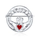 Celtic Round Circle Red Heart Shaped Claddagh Brooch Pin CZ .925 Sterling Silver - Image 3