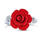 Romantic CZ Accent Flower 3D Red Rose Statement Ring .925 Sterling Silver