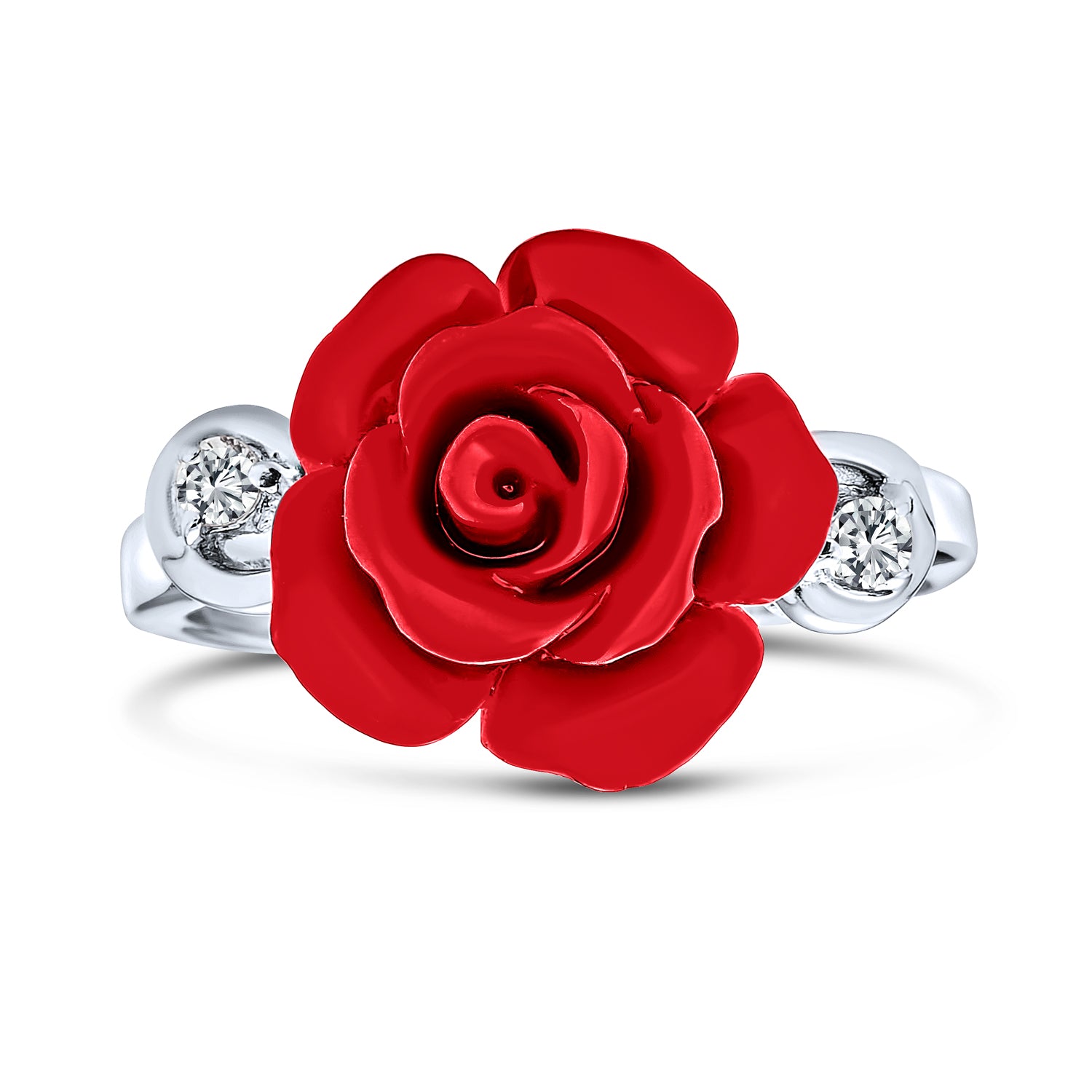 red-rose-cubic-zirconia-silver_mdr-3852r-039 Romantic CZ Accent Flower 3D Red Rose Statement Ring .925 Sterling Silver - Image 1