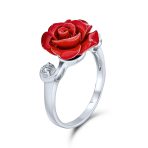 Romantic CZ Accent Flower 3D Red Rose Statement Ring .925 Sterling Silver - Image 2