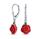 Romantic Craved Floral 3D Red Rose Flower Stud Earrings Sterling Silver Lever back