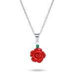 Romantic Floral 3D Flower Rose Pendant Necklace with Green CZ Sterling Silver