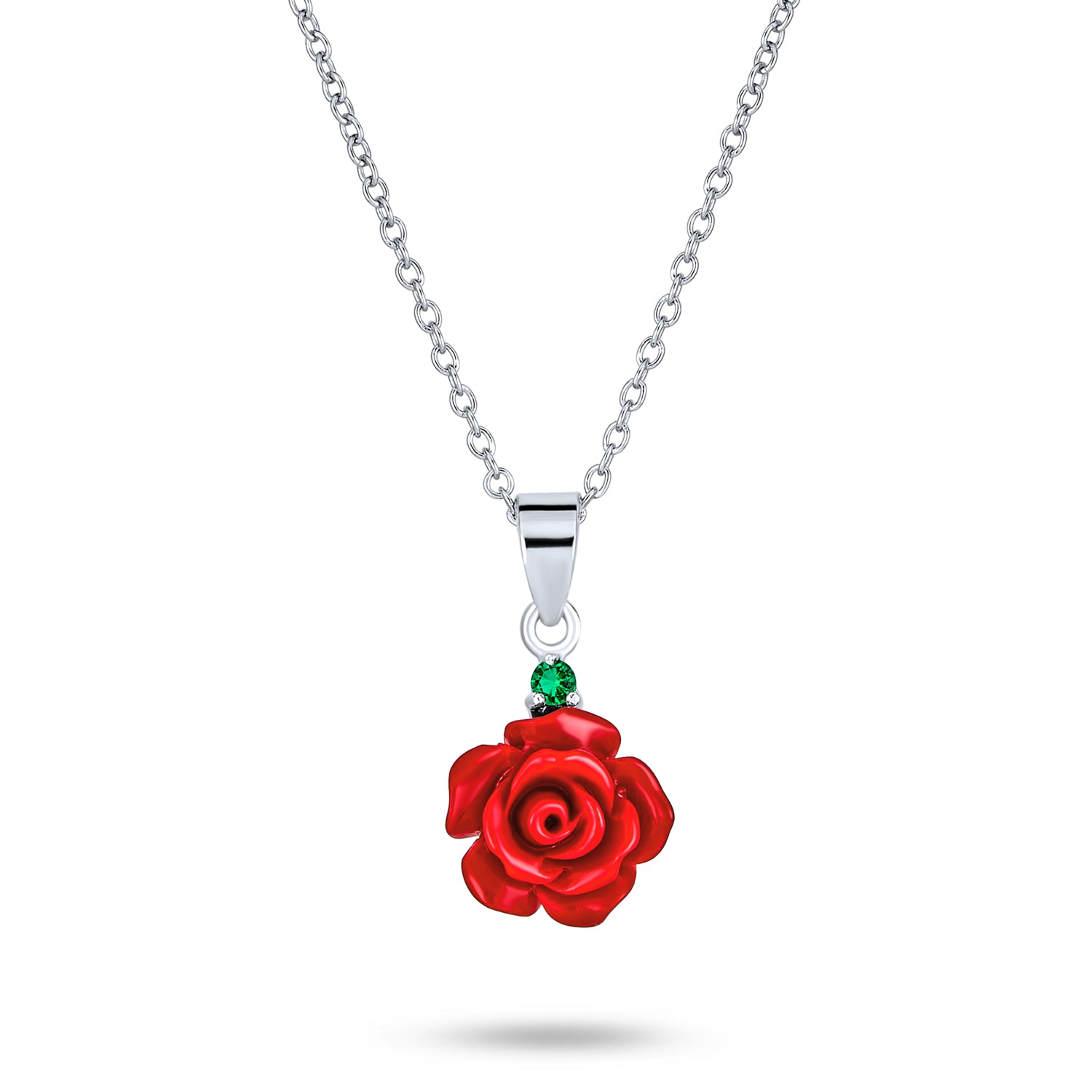 red-rose-pendant-sterling-silver_mdr-3805n-066_1 Romantic Floral 3D Flower Rose Pendant Necklace with Green CZ Sterling Silver - Image 1