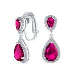 Classic Bridal Cocktail Halo Cubic Zirconia Blue CZ Double Solitaire Teardrop Dangle Clip On Earrings - Image 4
