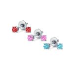 Set of 3 Tiny Blue Red Pink CZ Stud Earrings Gold Plated Sterling Silver - Image 3