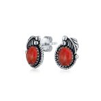 Native American Style Gemstone Bezel Leaf Rope Stud Earrings in Sterling Silver - Image 7
