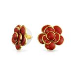 3D Rose Flower Enamel Earrings Retro Button Gold Plated
