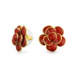3D Rose Flower Enamel Earrings Retro Button Gold Plated