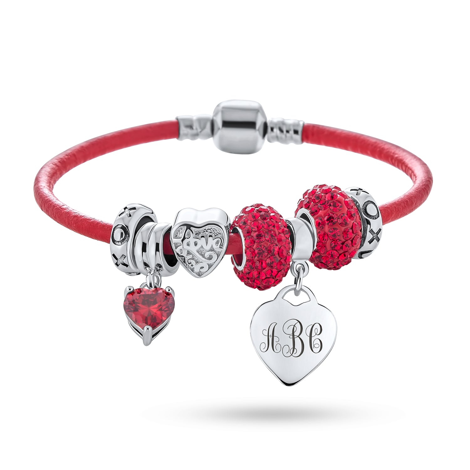 red-valentines-bracelet-charm-multi-heart_pbx-vday-br_00 Heart Lover Couples Valentine Charm Bracelet with Red Leather & Silver Clasp - Image 1