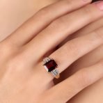 Art Deco Style 3CT Natural Red Garnet Baguette Side Stone Ring 14K Gold Vermeil Sterling Silver - Image 3