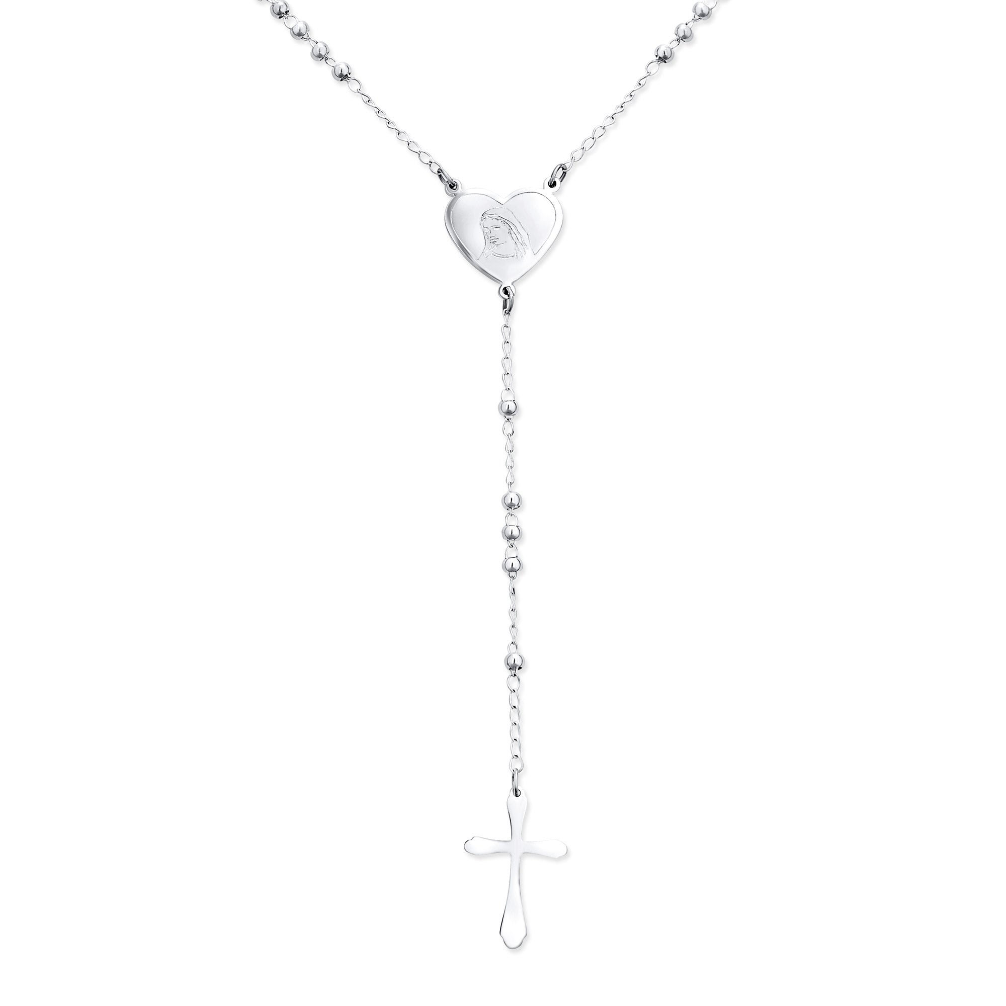 religious-catholic-silver-ball-bead-necklace-ish-bl02a67-1821 Tiny 2MM Ball Link Heart Virgin Mary Cross Prayer Rosary Necklace Stainless Steel - Image 1