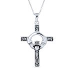 Celtic Claddagh Cross Pendant Necklace Trinity Love Knot Oxidized .925 Sterling Silver