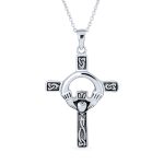 Celtic Claddagh Cross Pendant Necklace Trinity Love Knot Oxidized .925 Sterling Silver