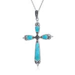 Vintage Turquoise Gemstone Cross Pendant Necklace Silver