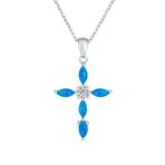 Vintage CZ Gemstone Blue Opal Cross Pendant Necklace Silver