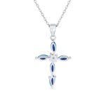 Vintage CZ Gemstone Blue Opal Cross Pendant Necklace Silver - Image 2