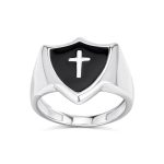 Religious Shield Design Cross Signet Ring Black Onyx Inlay .925 Sterling Silver