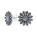 Retro Floral Garden Party Sunflower Stud Earrings in Oxidized Sterling Silver