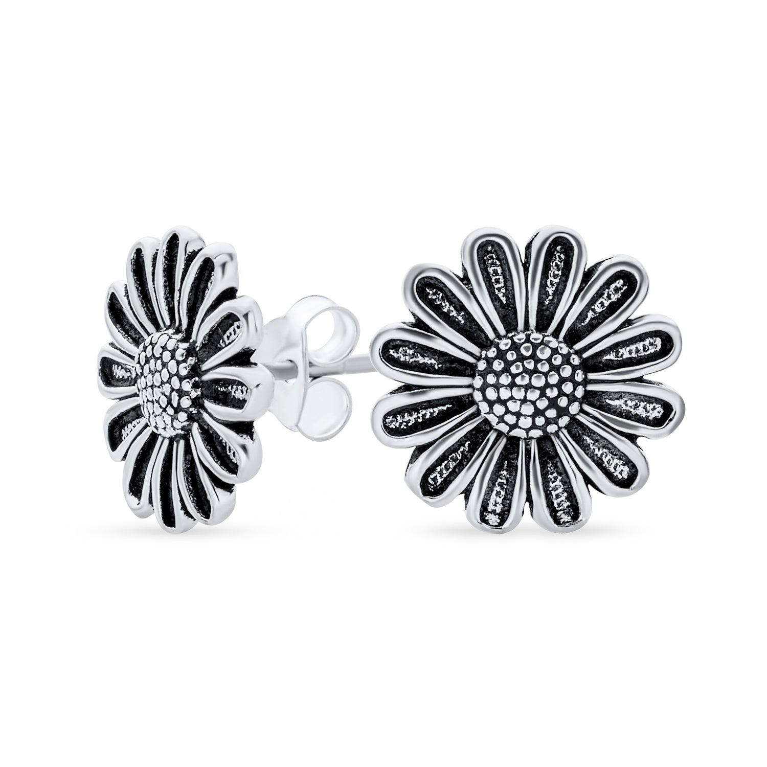 retro-floral-sunflower-stud-earrings-sstr-esunfl_01 Retro Floral Garden Party Sunflower Stud Earrings in Oxidized Sterling Silver - Image 1