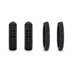 Set of 2 Black Pave CZ Round Inside Out & 2 Row Huggie Hoop Earrings