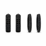 Set of 2 Black Pave CZ Round Inside Out & 2 Row Huggie Hoop Earrings