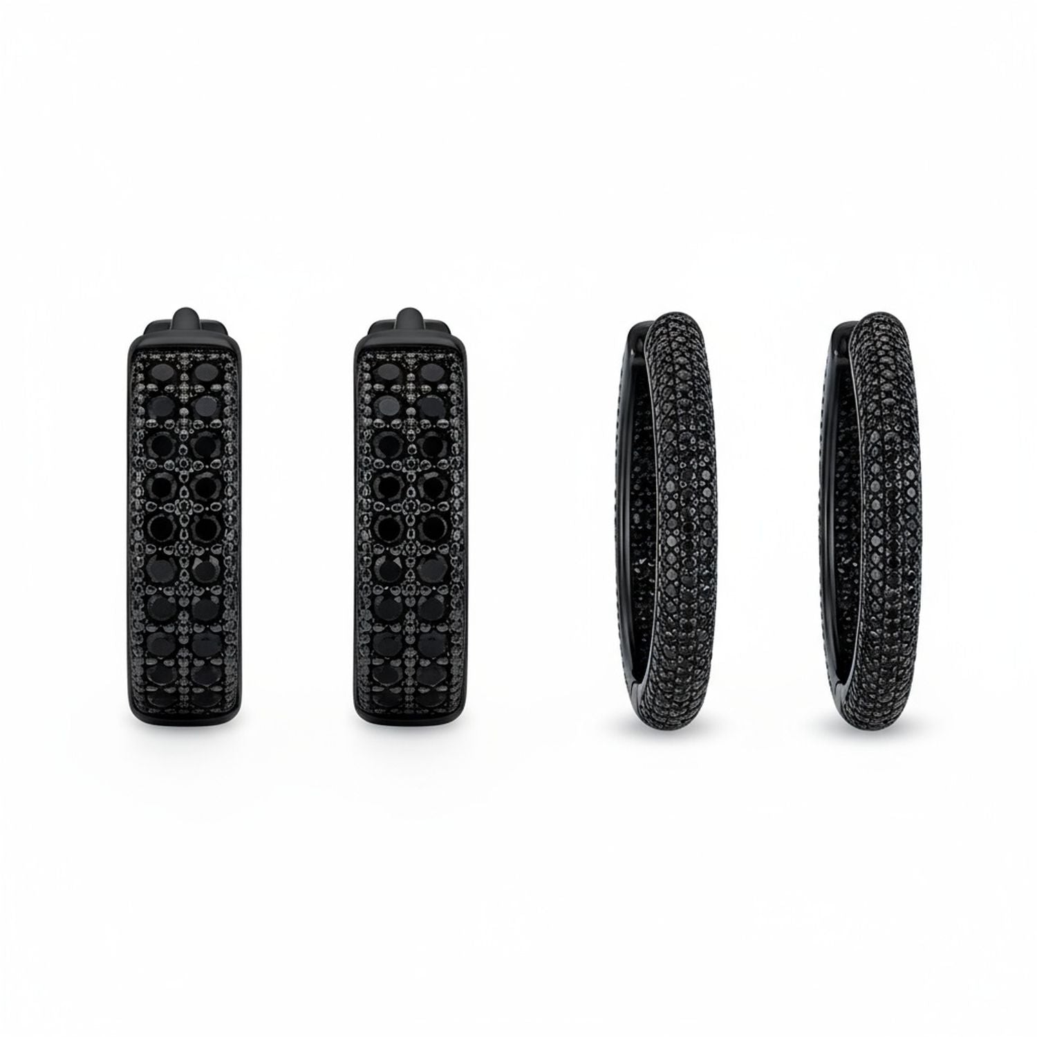 rhodium-cz-black-earring-hoop-pair_lga-es-27906-b-set-az_c2072425-7ac2-4a1f-8bd6-bd7842c8e77f Set of 2 Black Pave CZ Round Inside Out & 2 Row Huggie Hoop Earrings - Image 1