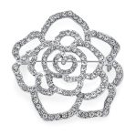 Large Fashion Statement Rose Flower Brooch Pin with Sparkling Crystals Silver Tone
