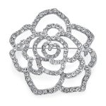 Large Fashion Statement Rose Flower Brooch Pin with Sparkling Crystals Silver Tone