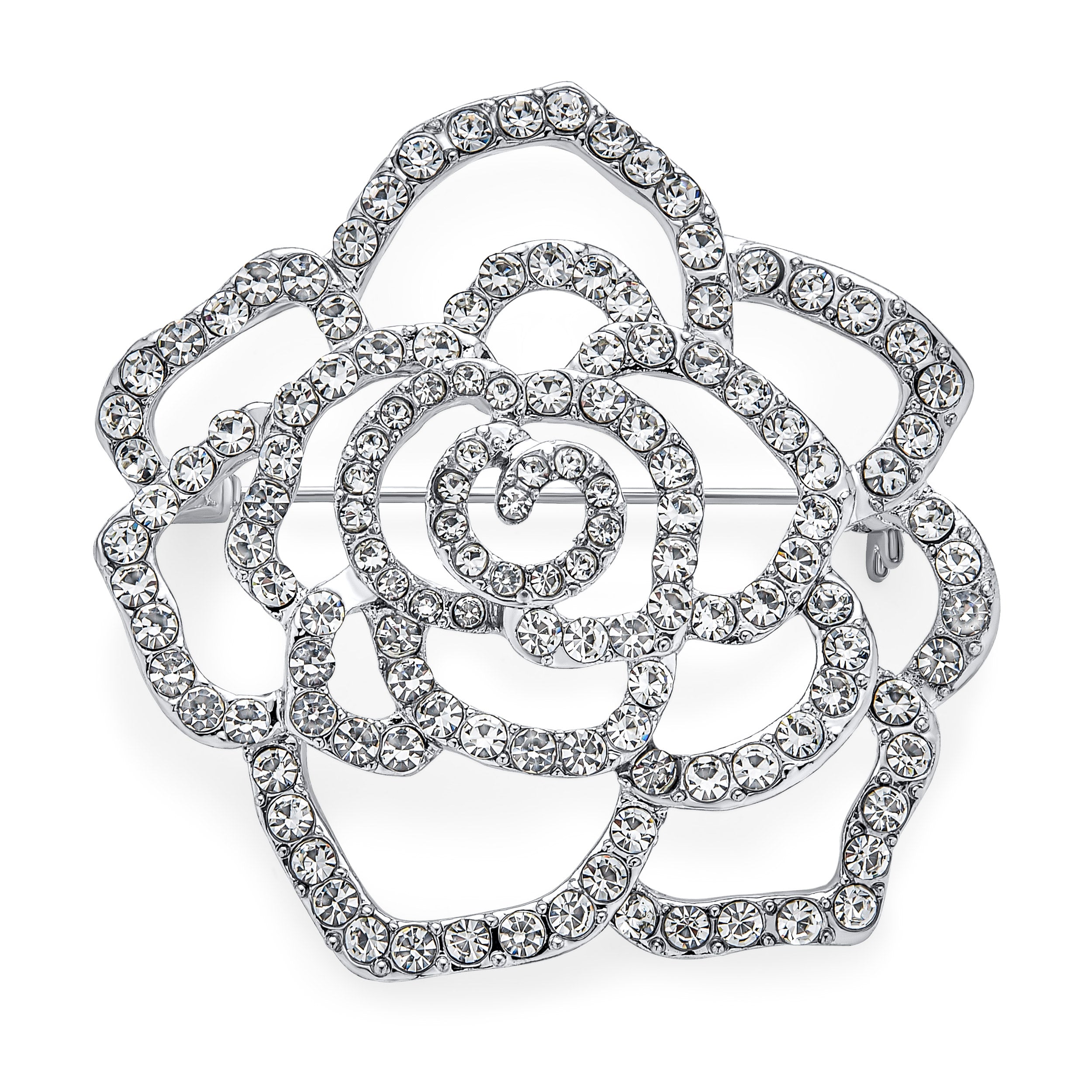 rhodium-flower-brooch-rose-pin_faj-bh7256-az_1 Large Fashion Statement Rose Flower Brooch Pin with Sparkling Crystals Silver Tone - Image 1