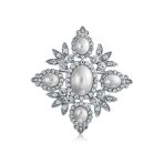 Statement Fashion Crystal Leaf Flower White Faux Pearl Brooch Pin Silver Plated