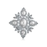 Statement Fashion Crystal Leaf Flower White Faux Pearl Brooch Pin Silver Plated