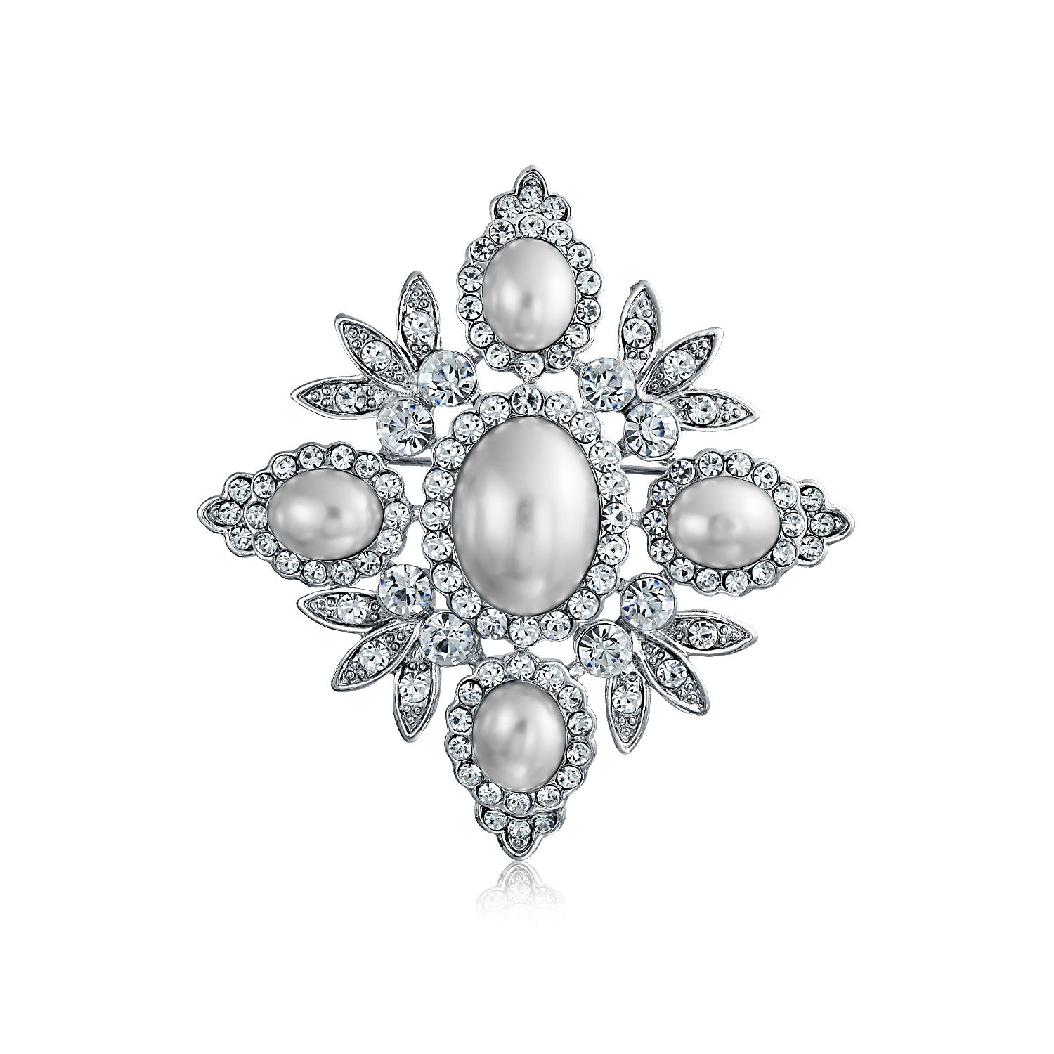 rhodium-plated-brooch-leaf-pearl_faj-dbh00306-az_1 Statement Fashion Crystal Leaf Flower White Faux Pearl Brooch Pin Silver Plated - Image 1