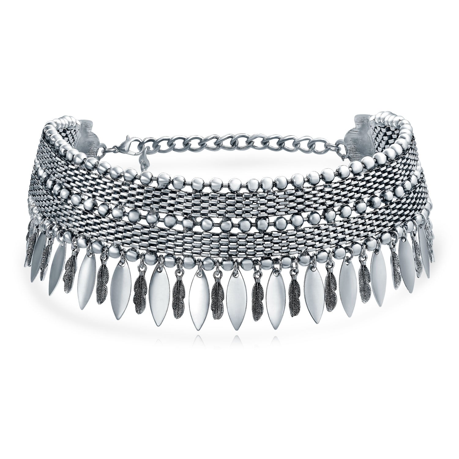rhodium-plated-dangling-feathers-choker_fj-b1253l-az Native American Style Statement Feather Choker Necklace Bohemian Boho Western Jewelry - Image 1