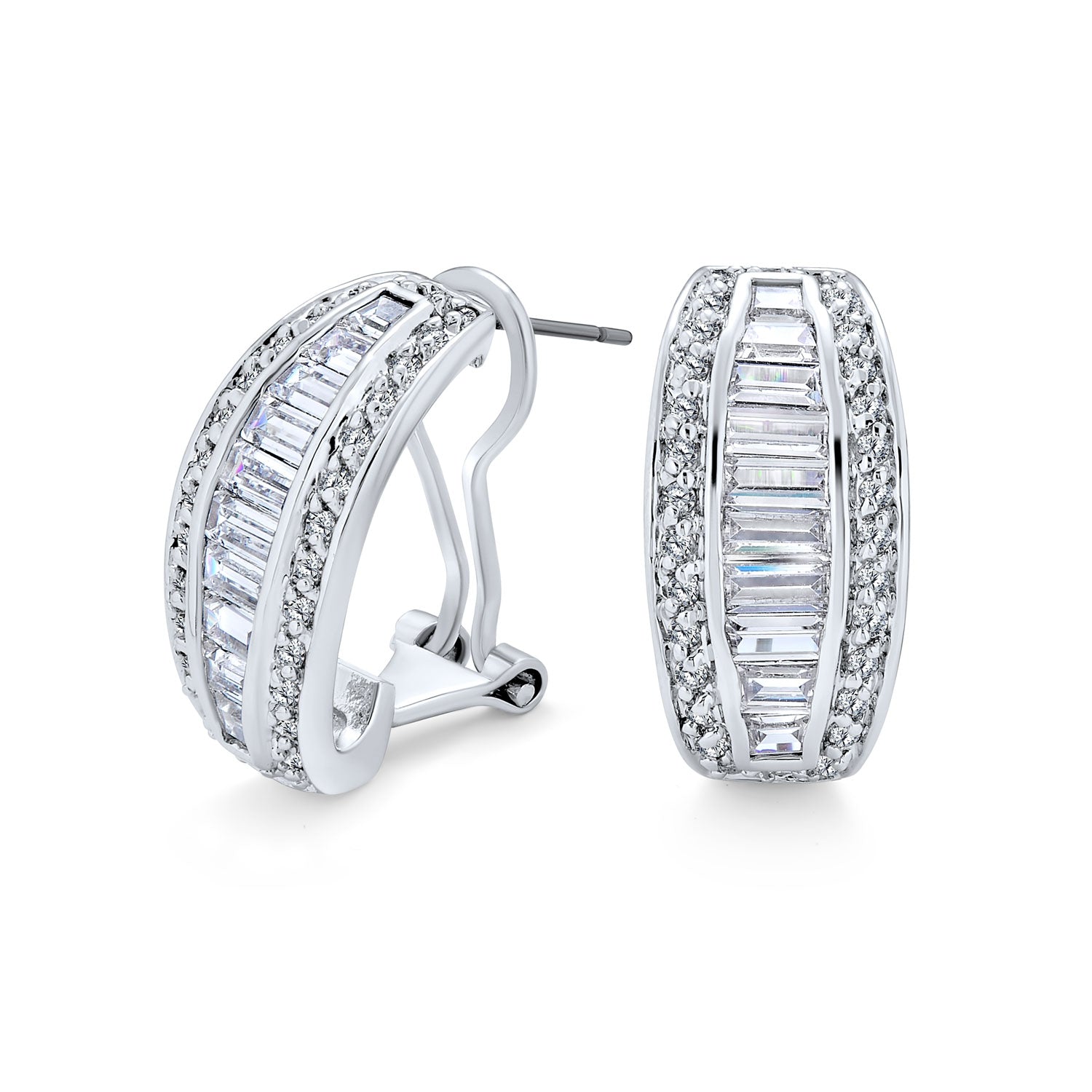 rhodium-silver-earrings-cz-half-hoop_ag-ez-5254-si_1 Bridal Baguette CZ Half Hoop Earrings Omega Back Clip - Image 1