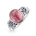 Bezel Set Oval Pink Natural Rhodochrosite Gemstone Ring Flower Band .925 Sterling Silver