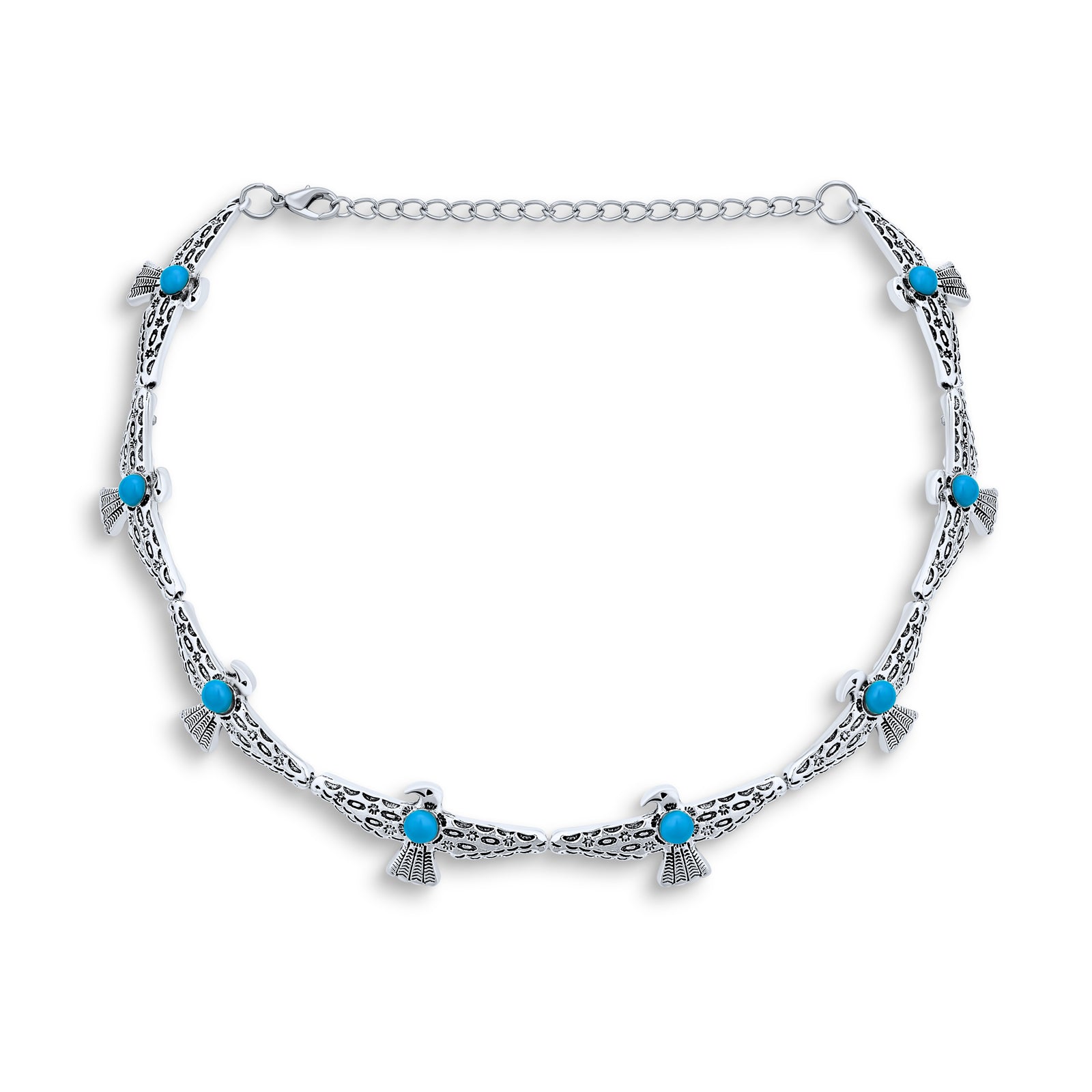rhoduim-plated-bird-turquoise-choker_fj-c1294-az11 Southwestern Eagle Bird Necklace Choker with Turquoise Accents Adjustable Fashion Statement Jewelry - Image 1