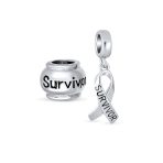 Set of 2 Ribbon Breast Cancer Survivor Message Dangle Charm Bead Silver