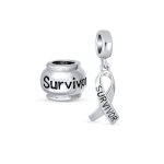 Set of 2 Ribbon Breast Cancer Survivor Message Dangle Charm Bead Silver
