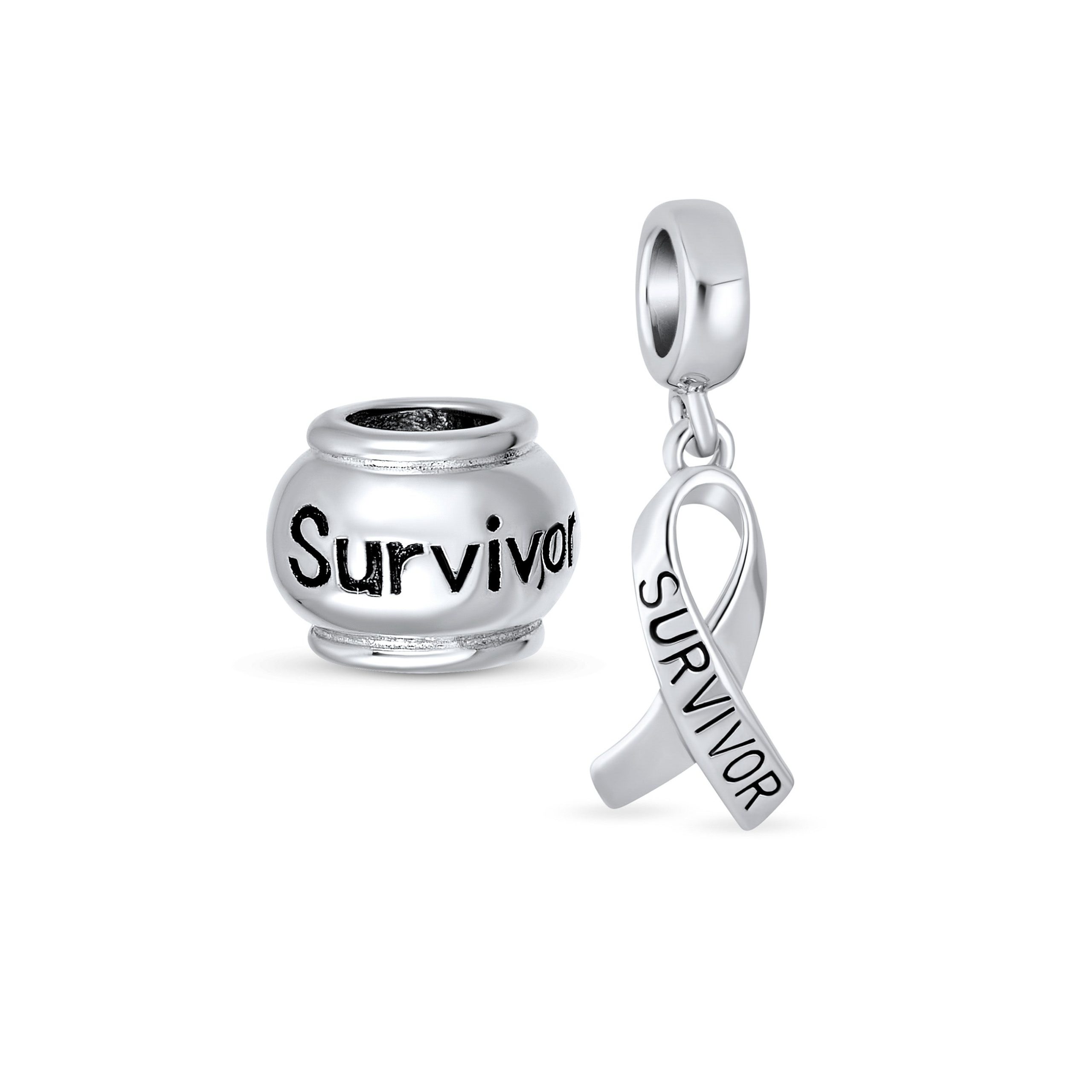 ribbon-breast-cancer-charm-pbx-ss-51448-set-az Set of 2 Ribbon Breast Cancer Survivor Message Dangle Charm Bead Silver - Image 1