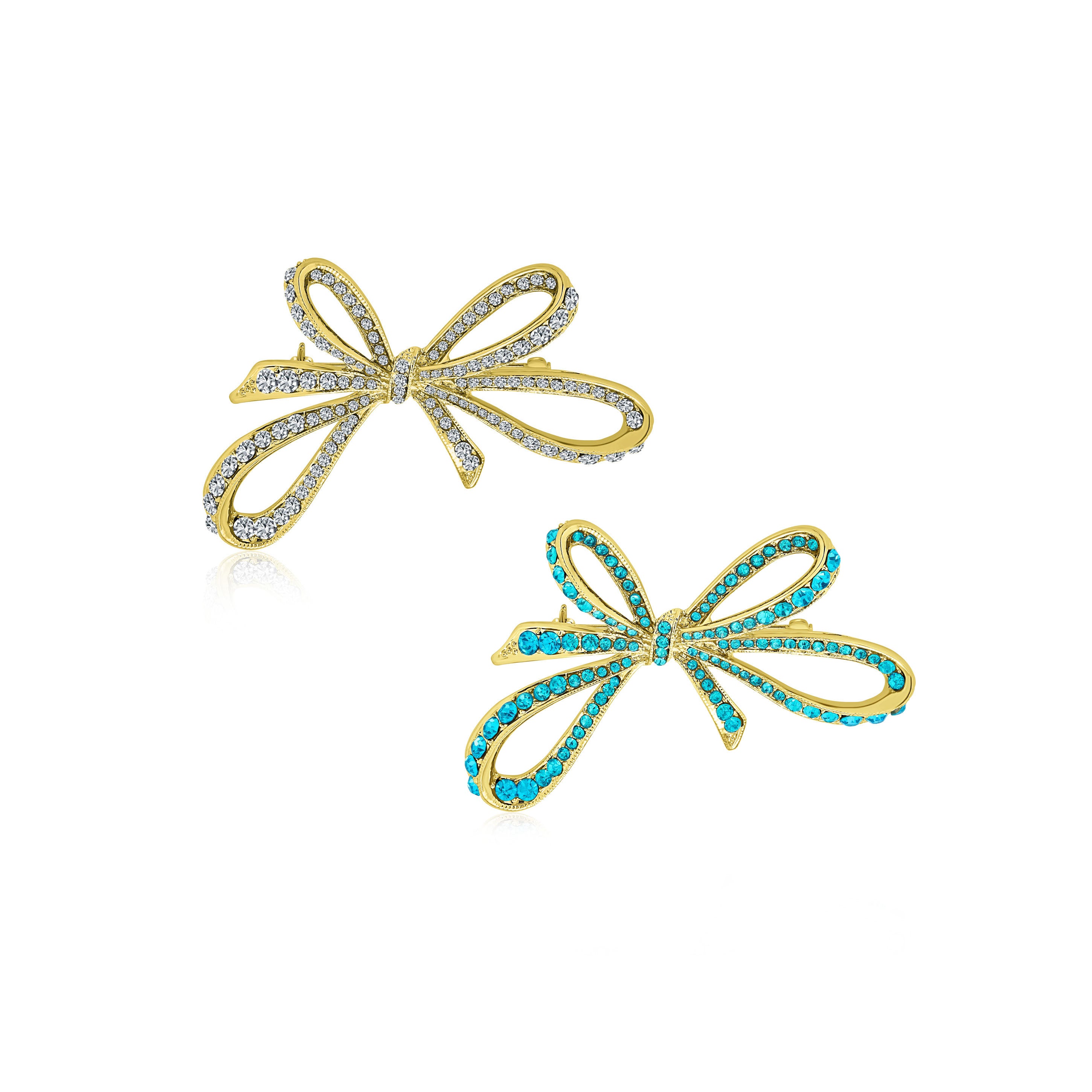 ribbon-brooch-gold-crystal-large-pin-faj-bh07321-set-az Set of 2 Winter Wedding Clear Blue Crystal Ribbon Bow Brooch Pin Gold Plated - Image 1