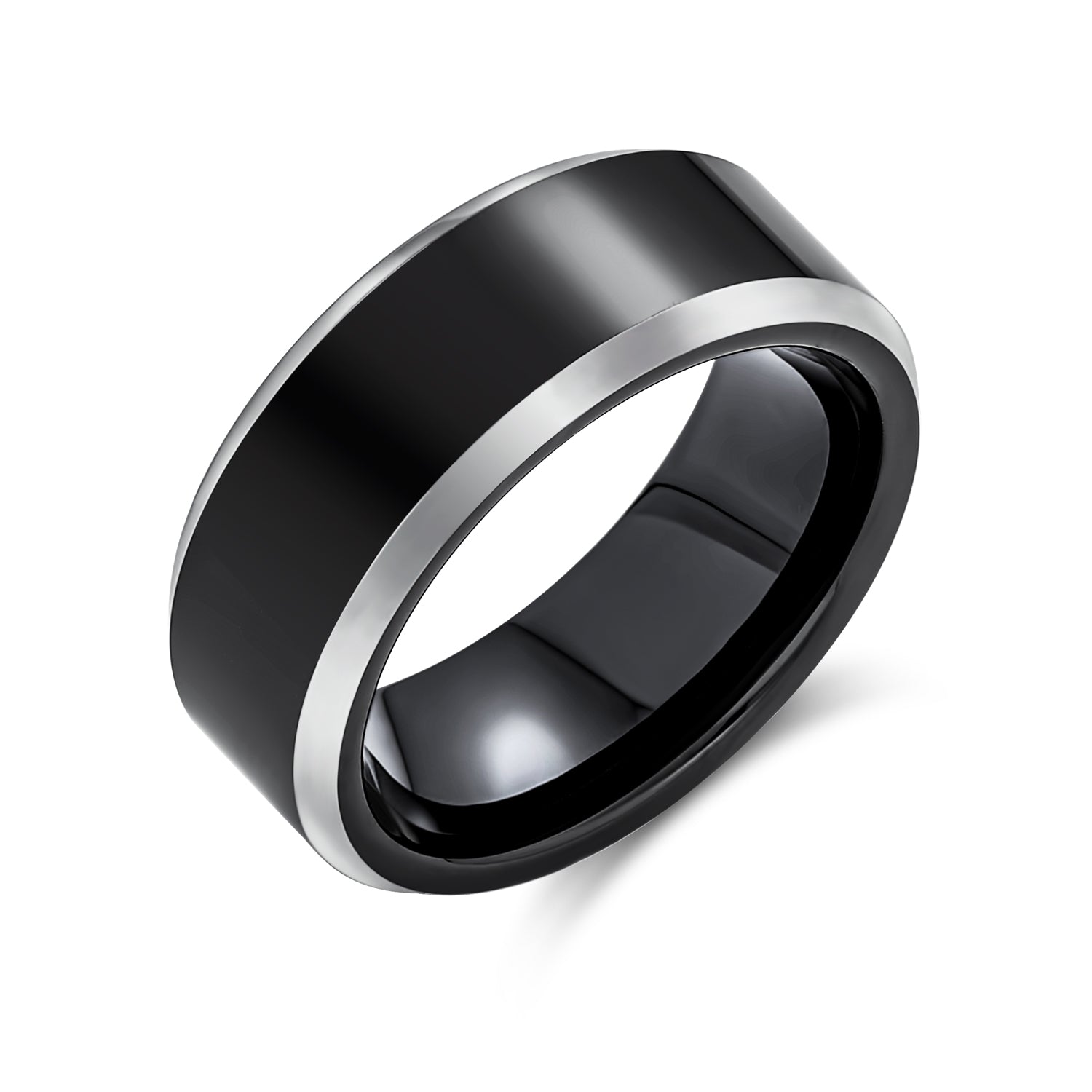 ring-band-union-black-tungsten_fj-tur-092bp_1 Classic Black Titanium Wedding Band Ring Two Tone Beveled Edge Comfort Fit 8MM - Image 1
