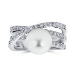 White Faux Pearl Cocktail Statement Ring Pave CZ Criss Cross Band Silver Plated