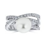 White Faux Pearl Cocktail Statement Ring Pave CZ Criss Cross Band Silver Plated