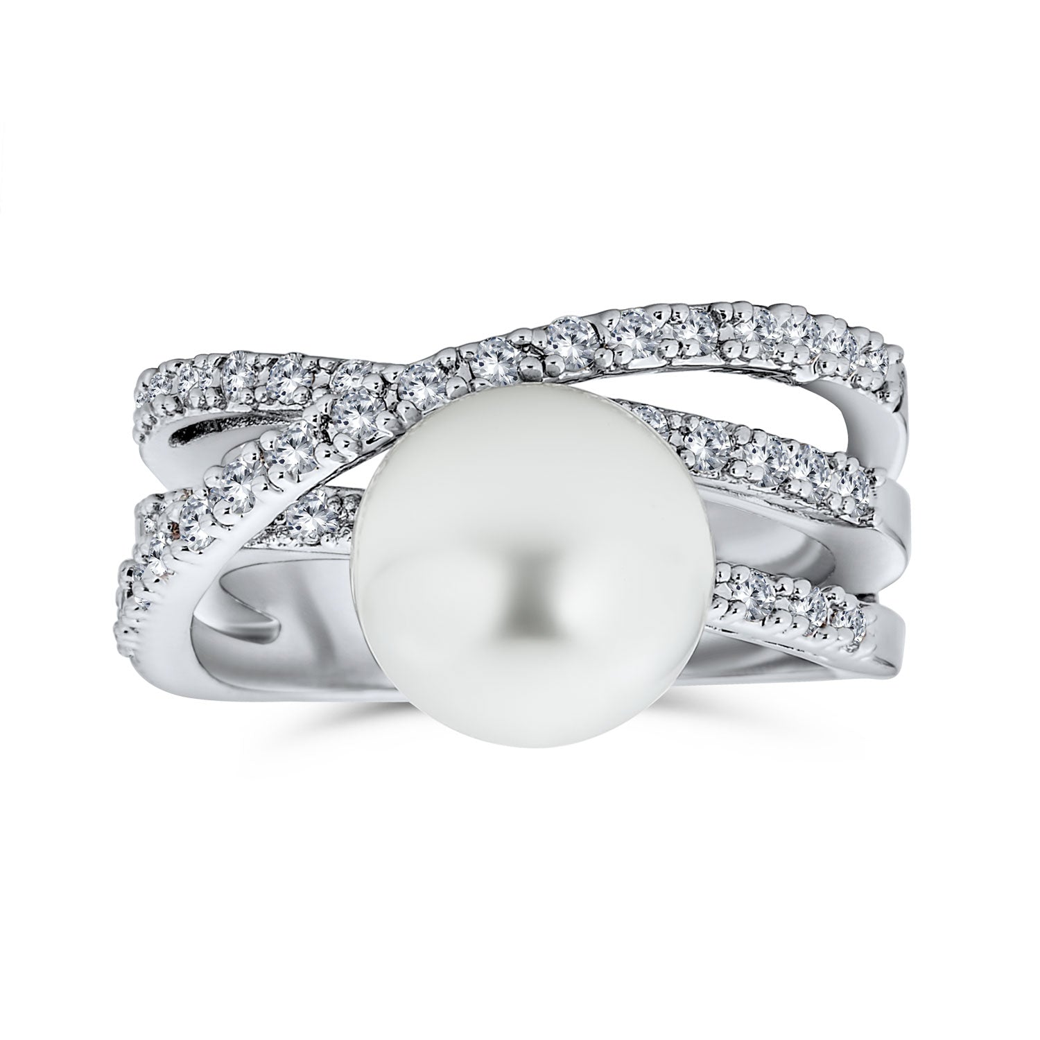 ring-cocktail-cz-pearl-criss-cross_ag-rz4465si_1 White Faux Pearl Cocktail Statement Ring Pave CZ Criss Cross Band Silver Plated - Image 1