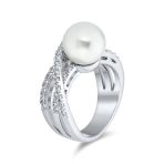 White Faux Pearl Cocktail Statement Ring Pave CZ Criss Cross Band Silver Plated - Image 2