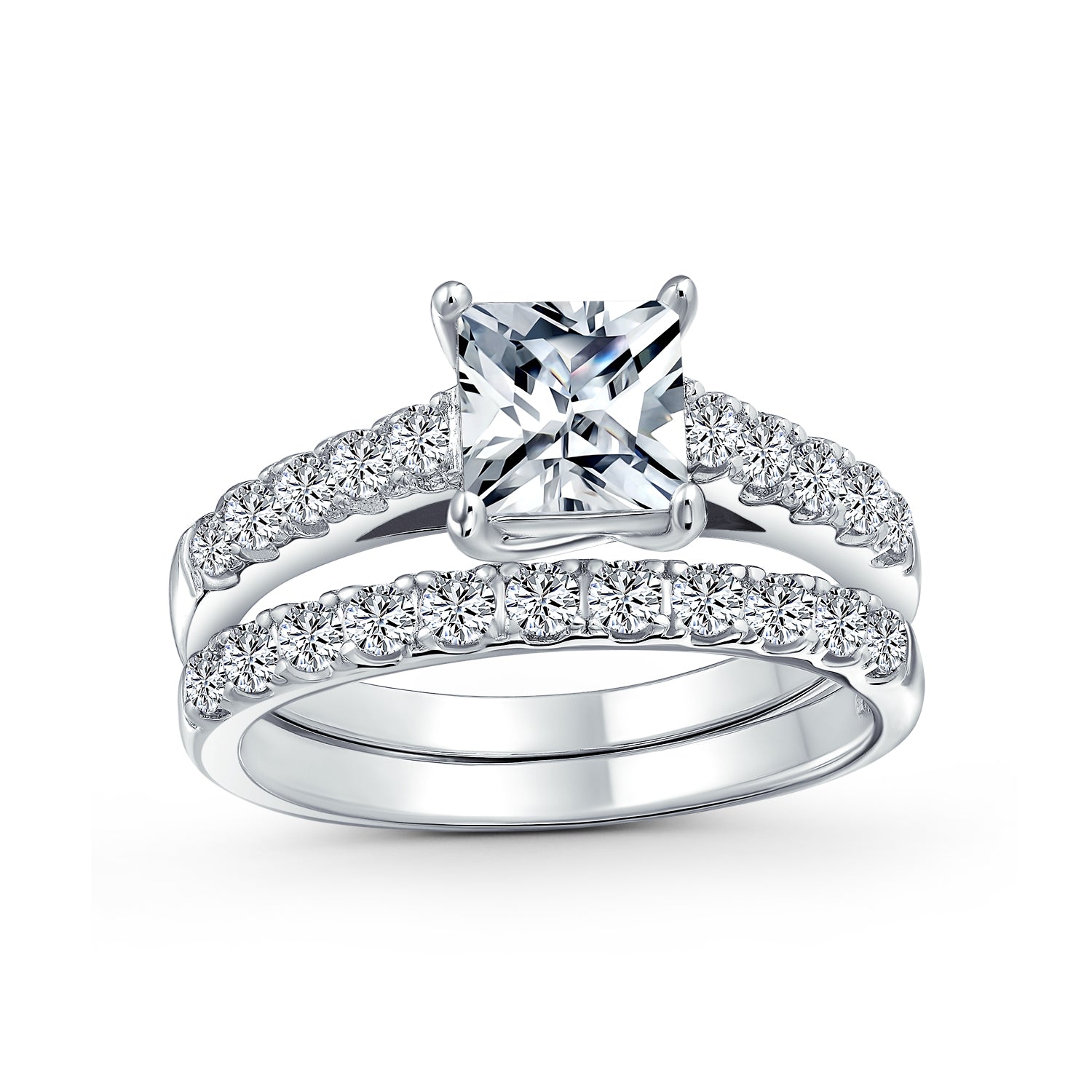 ring-cz-wedding-engagement-square_dt-lr0738sq-set_1 Classic 3CT Cubic Zirconia CZ Princess Cut Solitaire Engagement Ring Set Pave Band Sterling Silver - Image 1