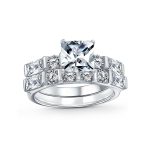 2CT Cut CZ Cubic Zirconia Solitaire Engagement Ring Set Baguette Accents .925 Sterling Silver